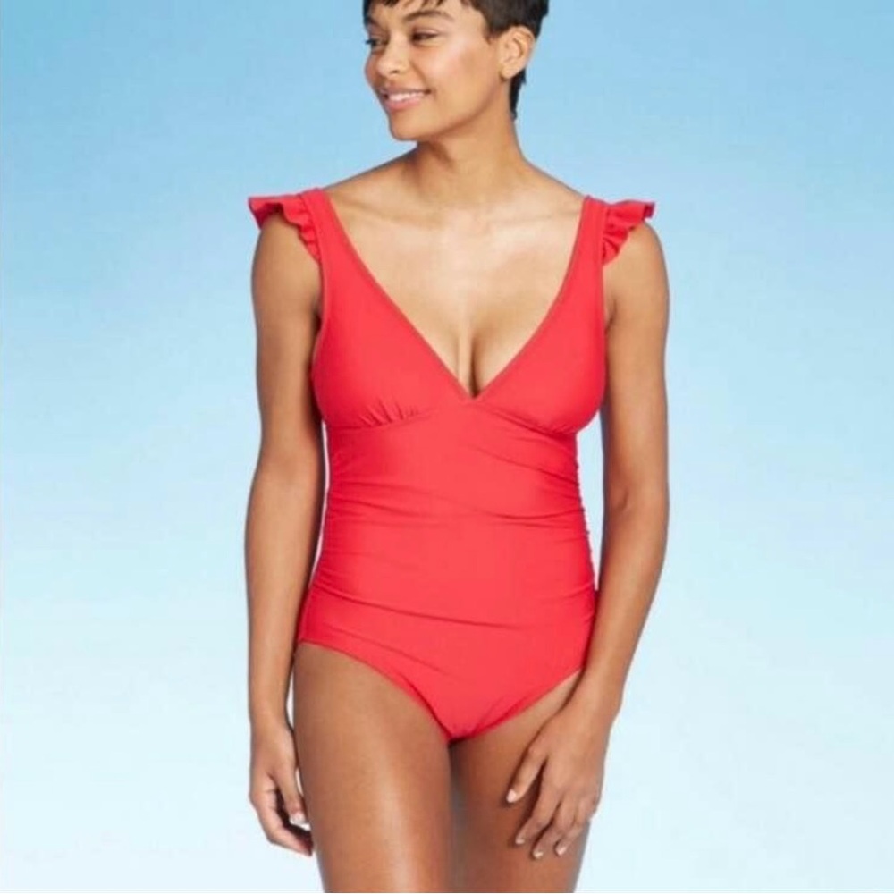 Kona Sol Women’s Large Ruffle Shoulder High Coverage One Piece Swimsuit